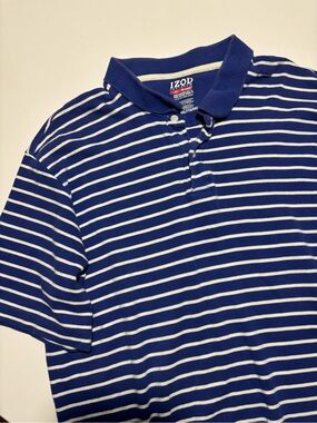 Izod Blue & White Stripe Cotton Polo T-Shirt Golf Nautical Preppy